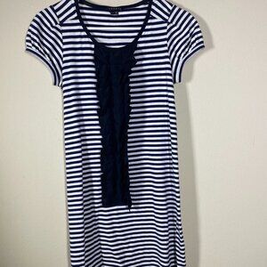 THEORY Striped Ginny Dress T-Shirt Navy Blue White Silk Ruffle Front  P/TP (XS)